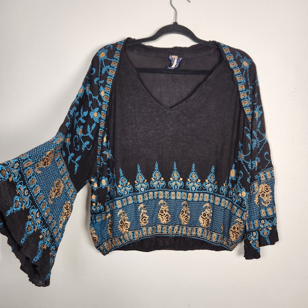 Free People Women Small Black V-Neck  Linen Blend Top Indie Folk Whimsigoth Boho